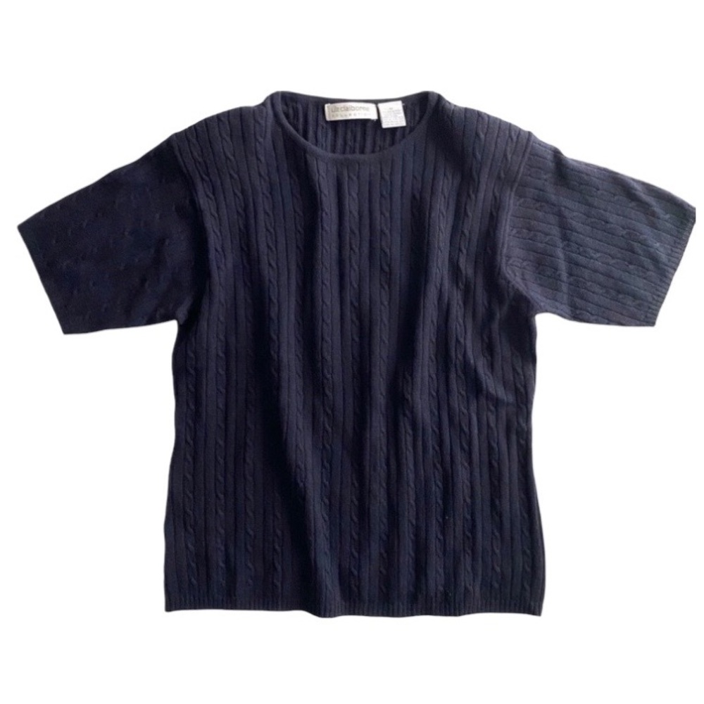 Vintage Navy Wool Cable Sweater Short Sleeve Crewneck Liz Claiborne M 90s